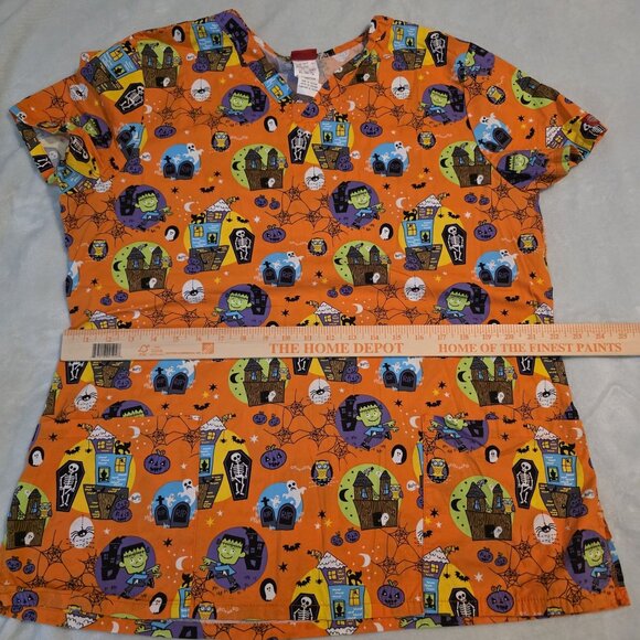 Halloween Dickies Womens Scrub Top XL Pumpkin Frankenstein Ghost Haunted House - Picture 10 of 15